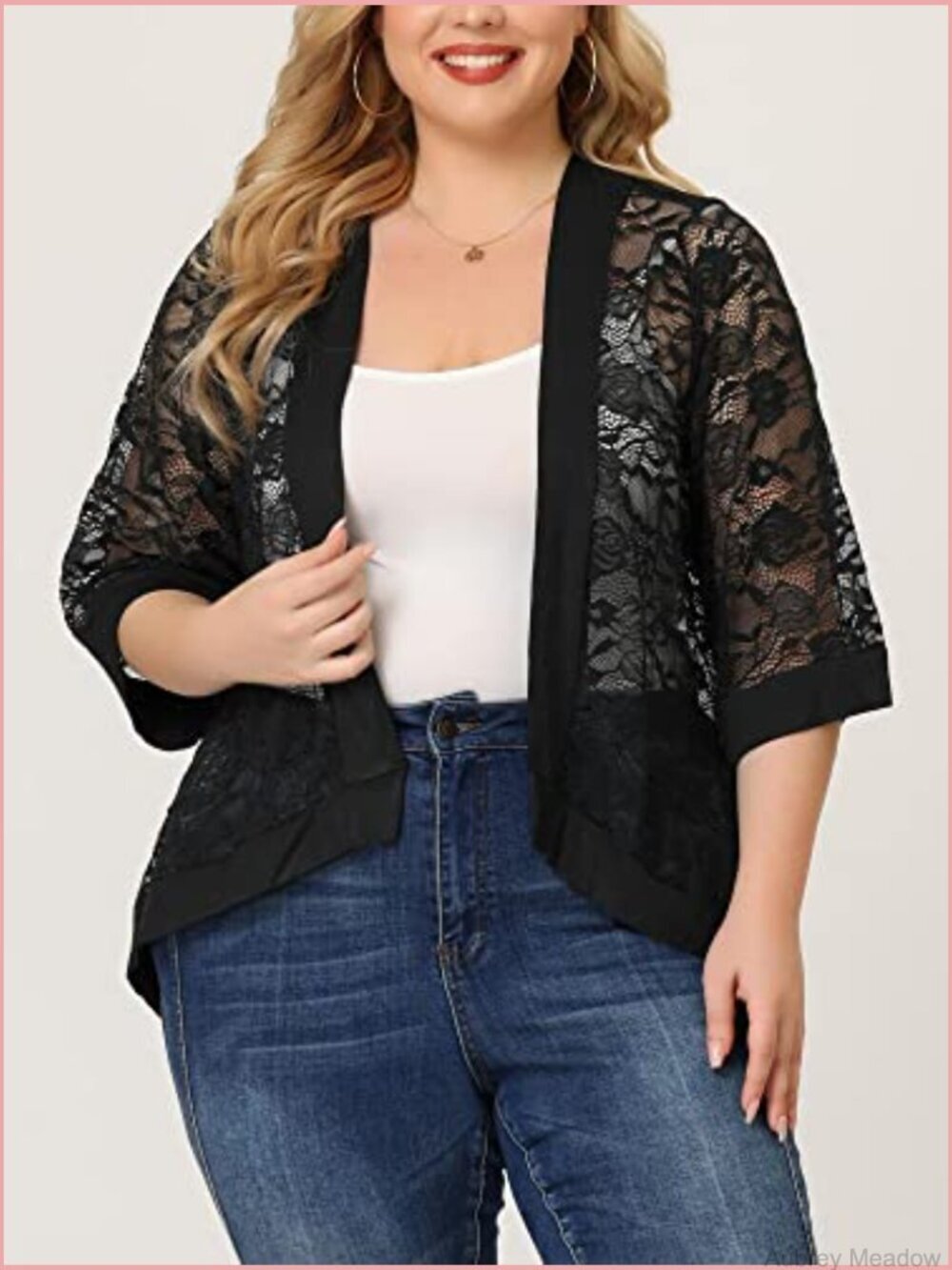 Plus Size 3/4 Sleeve Lace Cardigan Open Front Sheer Shrug Bolero Cover Up